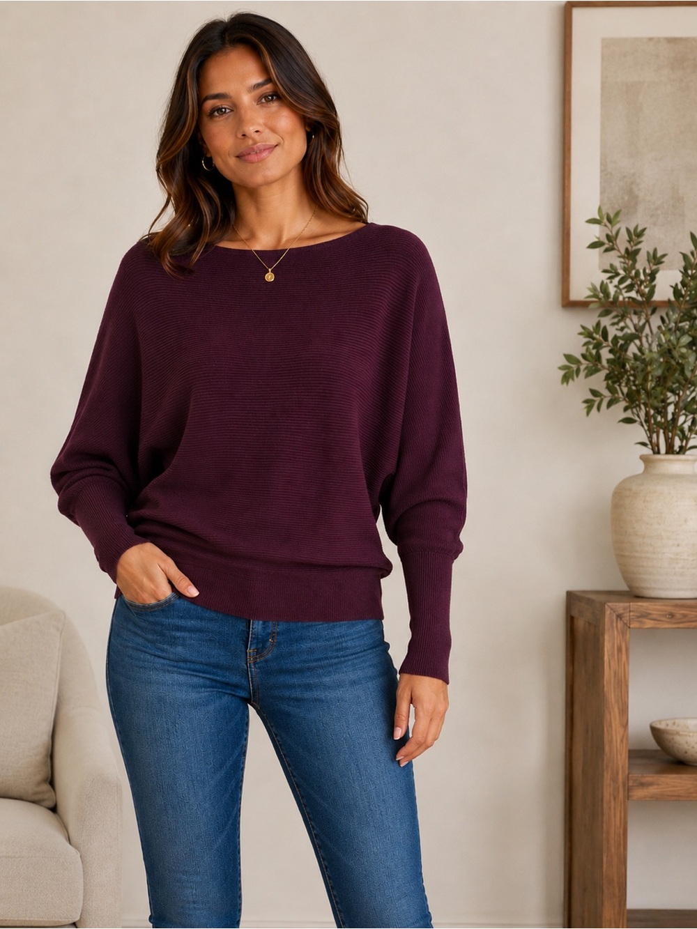 Nine West Women's Boat Neck Sweater in Deep Plum